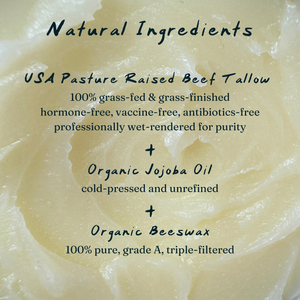 Close-up of Live Tallowed Classic Balm, Unscented & Solid, showing its smooth, creamy, golden texture. A rich, nourishing tallow balm designed for deep hydration and skin protection. Ingredients listed: USA pasture raised beef tallow, organic jojoba oil, organic beeswax.