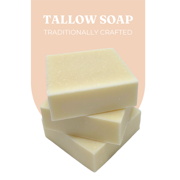 Live Tallowed handcrafted tallow soap bars stacked three bars high with a natural, creamy color.