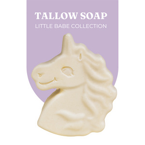Live Tallowed unicorn-shaped tallow soap from the Little Babe Collection, made with calendula-infused olive oil. A gentle, all-natural soap designed for delicate and sensitive skin. Displayed against a soft purple background with product branding.